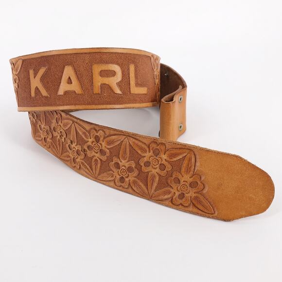 floral tooled wide leather belt personalized with Karl - Picture 2 of 4